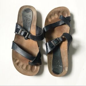 - Yokono blue leather buckle sandals with cork heel size 8
